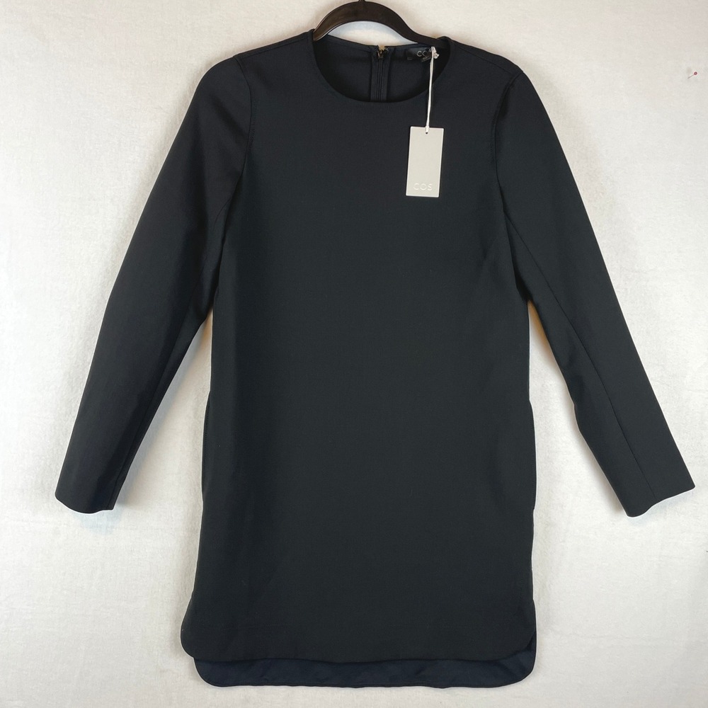 COS Black Wool Blend Long Sleeve Shift Dress Button Cuff Mini 0696816001 Size 2